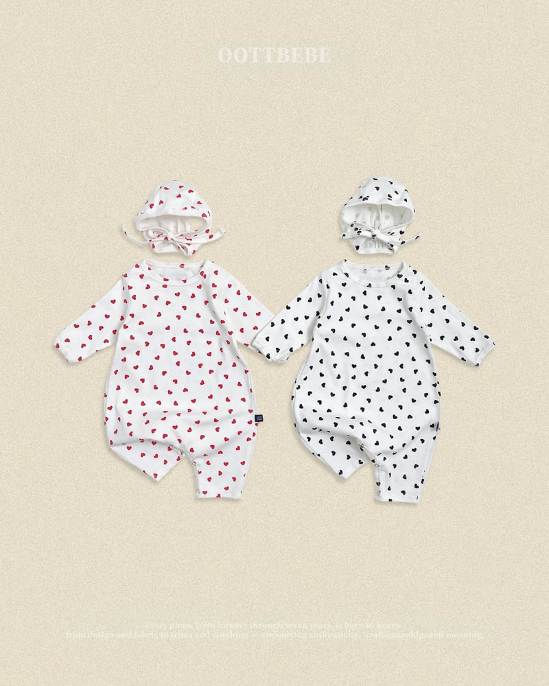Oott Bebe - Korean Baby Fashion - #babyfashion - Petit Heart Full Bodysuit + Bonnet Set (Bebe)
