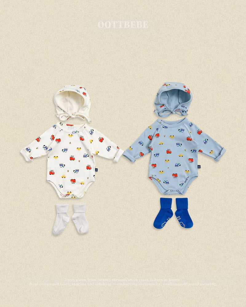 Oott Bebe - Korean Baby Fashion - #onlinebabyboutique - Car Bodysuit + Bonnet Set (Bebe)