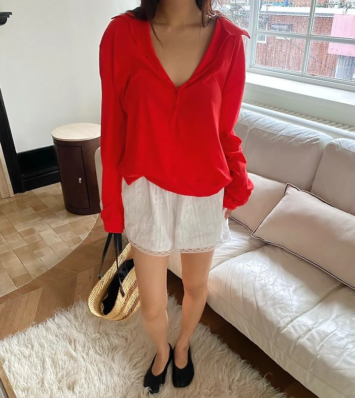 Ouppt - Korean Women Fashion - #momslook - Joanna Button Collar Tee - 5