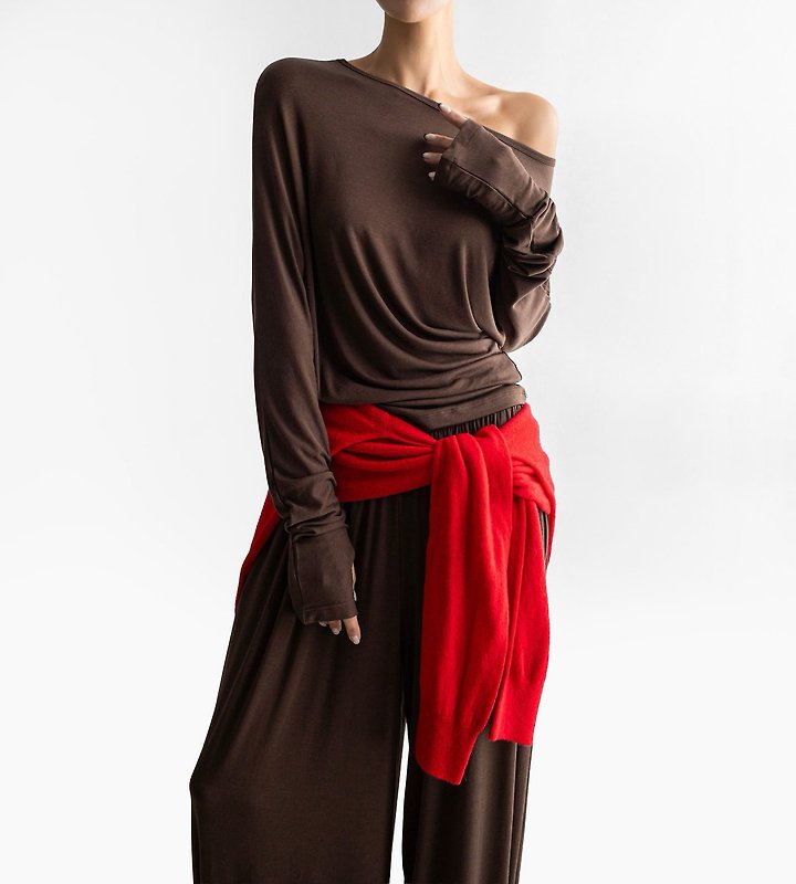 Paper Moon - Korean Women Fashion - #momslook - Draped Off-Shoulder Keyhole Top