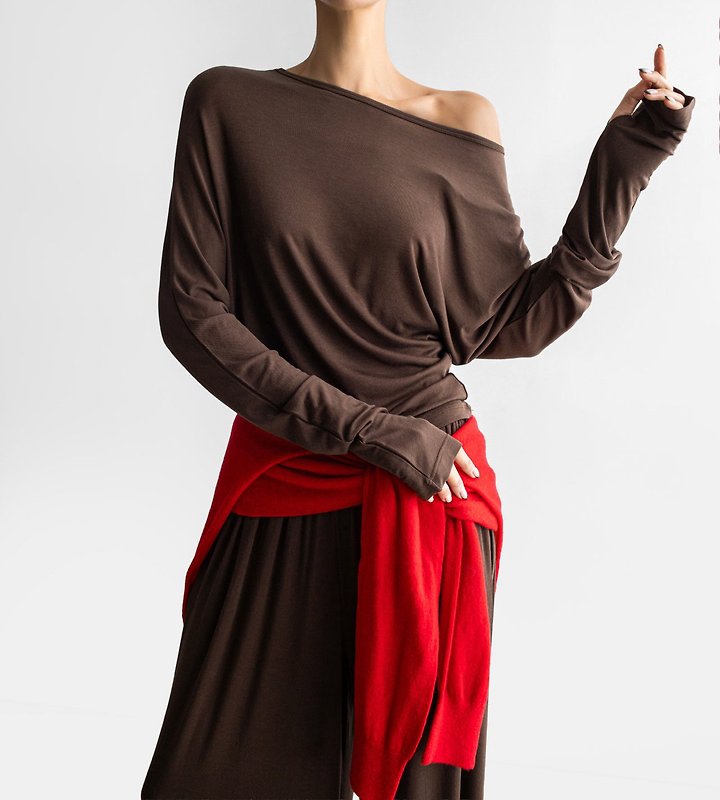 Paper Moon - Korean Women Fashion - #momslook - Draped Off-Shoulder Keyhole Top - 5