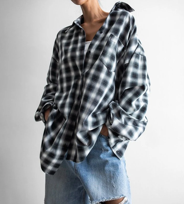 Paper Moon - Korean Women Fashion - #momslook - Everyday Oversized Plaid Check Shirt