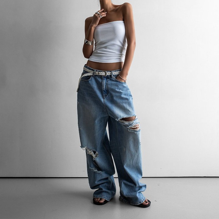 Paper Moon - Korean Women Fashion - #momslook - Vintage Distressed Wide-Leg Denim - 2