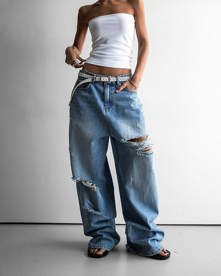 Paper Moon - Korean Women Fashion - #momslook - Vintage Distressed Wide-Leg Denim - 3