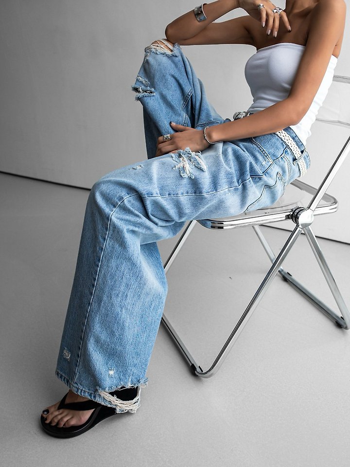 Paper Moon - Korean Women Fashion - #momslook - Vintage Distressed Wide-Leg Denim - 4