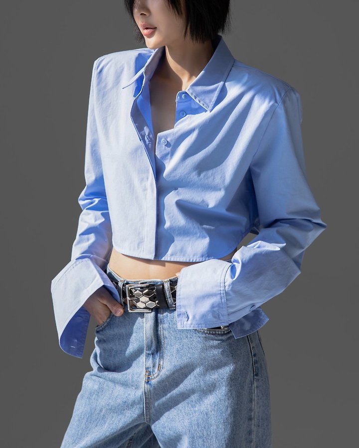 Paper Moon - Korean Women Fashion - #momslook - Classic Shoulder-Pad Cropped Button-Down Shirt - 3