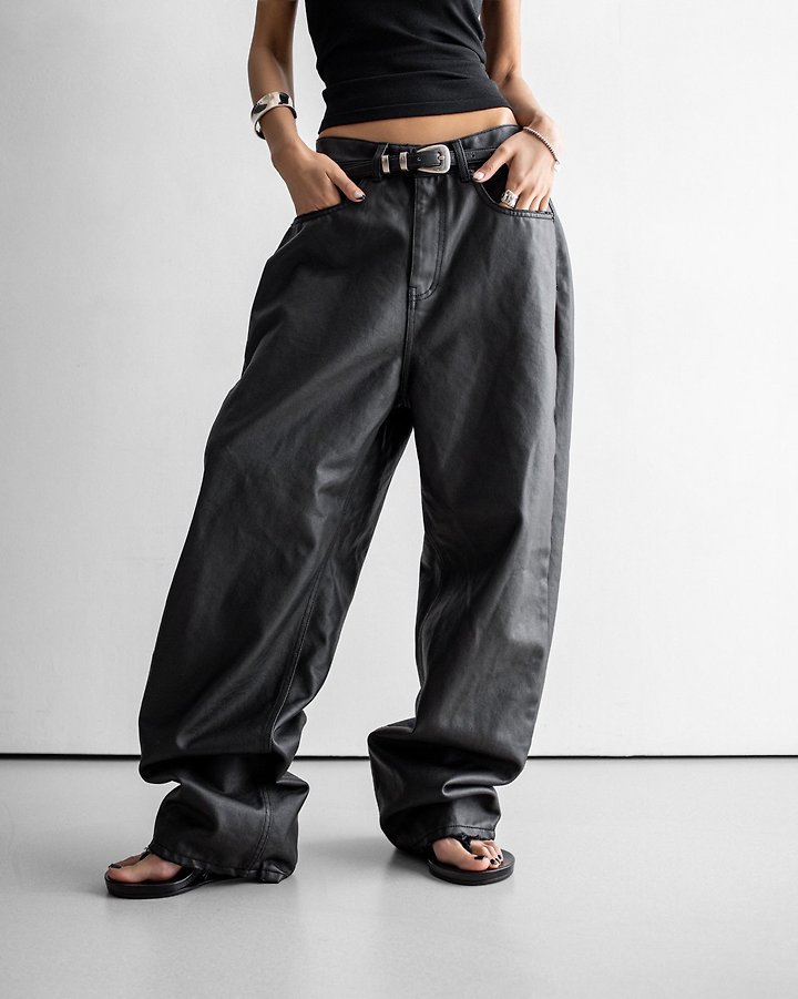 Paper Moon - Korean Women Fashion - #womensfashion - Oversized Black Coated Denim Jeans - 4