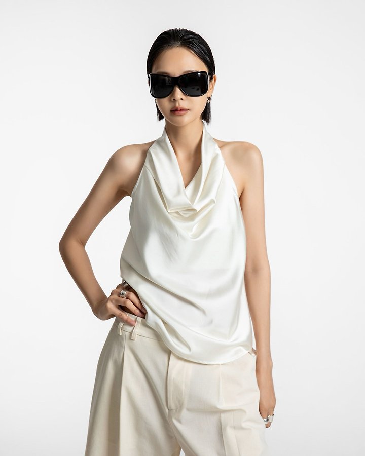 Paper Moon - Korean Women Fashion - #momslook - Classic Satin Halter Neck Blouse - 6