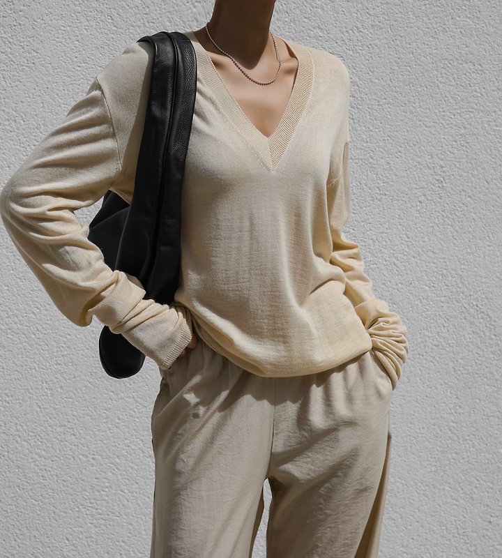Paper Moon - Korean Women Fashion - #momslook - Wool-Silk Deep V-Neck Long Sleeve Knit Top - 2
