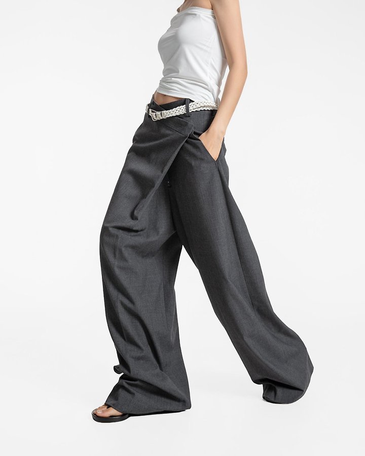 Paper Moon - Korean Women Fashion - #momslook - Asymmetric Pintuck Maxi Wide Trousers - 4