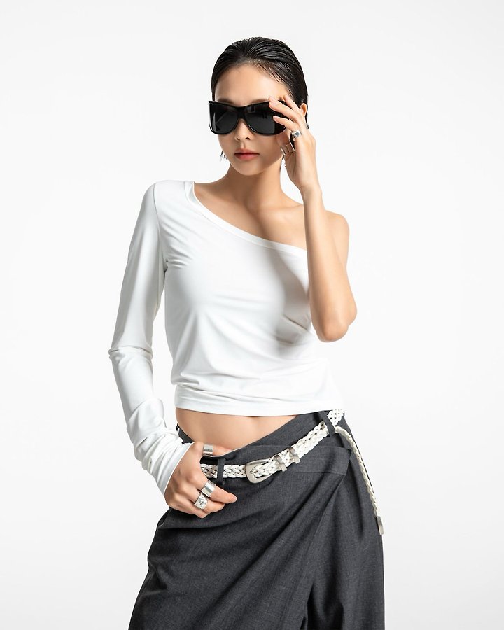 Paper Moon - Korean Women Fashion - #momslook - Asymmetric One-Shoulder Long Sleeve Top