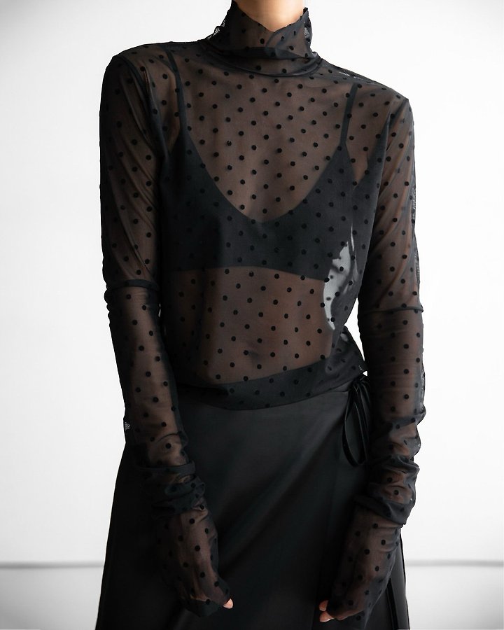 Paper Moon - Korean Women Fashion - #momslook - Dot Mesh Sheer Turtleneck Long Sleeve Tee - 3