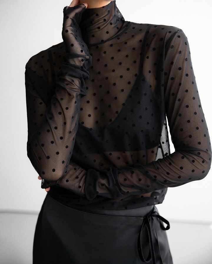 Paper Moon - Korean Women Fashion - #momslook - Dot Mesh Sheer Turtleneck Long Sleeve Tee - 5