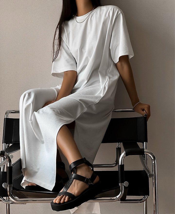 Paper Moon - Korean Women Fashion - #vintageinspired - One-Side Slit Oversized Maxi One-piece - 2