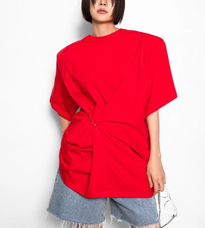Paper Moon - Korean Women Fashion - #vintagekidsstyle - Pleated Pintuck Detail Oversized Shoulder-Pad Tee