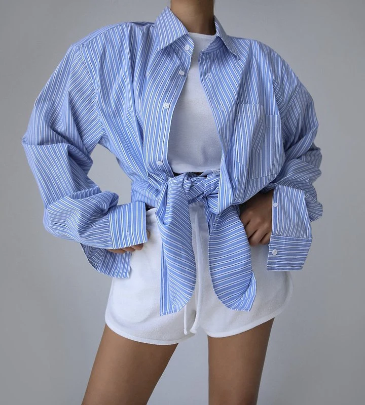Paper Moon - Korean Women Fashion - #vintagekidsstyle - Boyfriend-Fit Oversized Striped Button-Down Shirt - 2