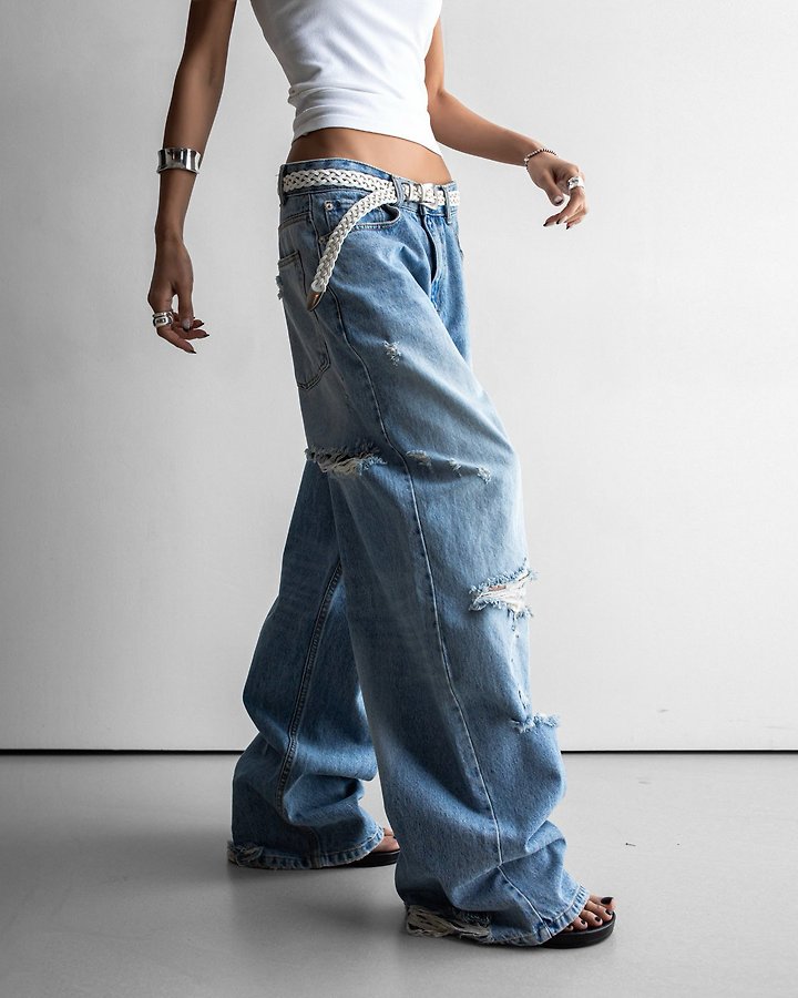 Paper Moon - Korean Women Fashion - #womensfashion - Vintage Distressed Wide-Leg Denim