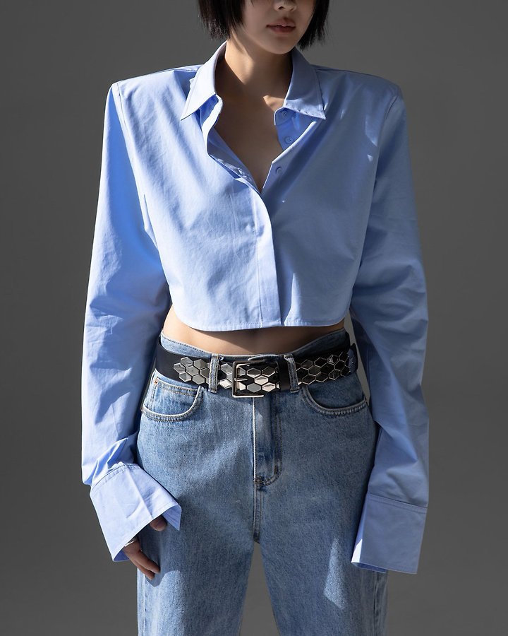 Paper Moon - Korean Women Fashion - #momslook - Classic Shoulder-Pad Cropped Button-Down Shirt - 4