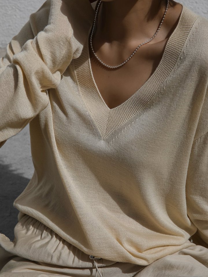 Paper Moon - Korean Women Fashion - #womensfashion - Wool-Silk Deep V-Neck Long Sleeve Knit Top