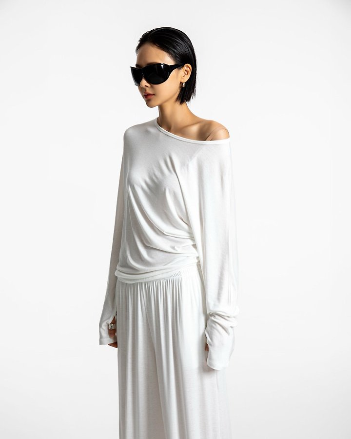 Paper Moon - Korean Women Fashion - #momslook - Draped Off-Shoulder Keyhole Top - 4