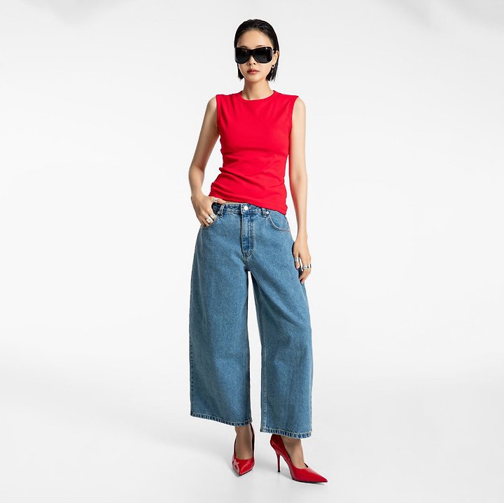 Paper Moon - Korean Women Fashion - #womensfashion - Wide-Leg Blue Ankle Denim Jeans - 6