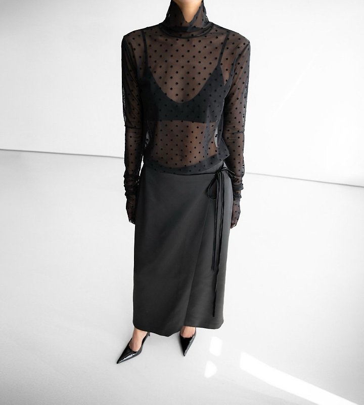 Paper Moon - Korean Women Fashion - #womensfashion - Dot Mesh Sheer Turtleneck Long Sleeve Tee - 2