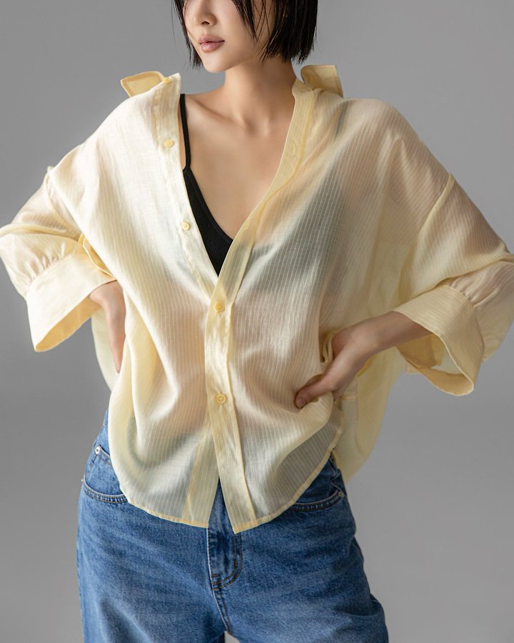 Paper Moon - Korean Women Fashion - #womensfashion - Soft Sheer Striped Half Shirt - 2