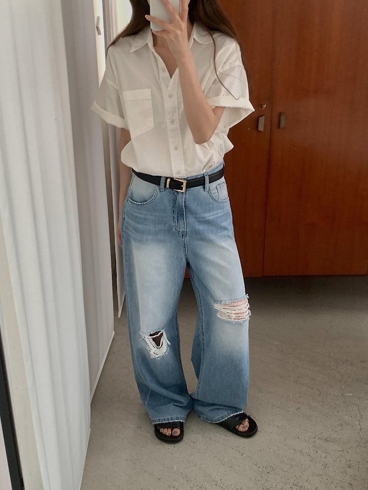 Pomelo - Korean Women Fashion - #romanticstyle - Distressed Brush Denim - 9
