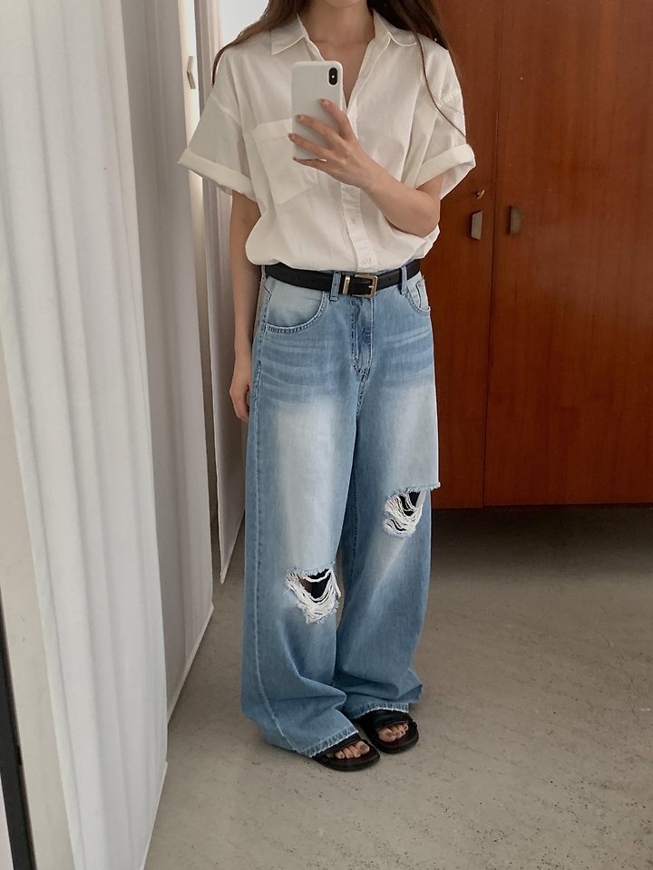 Pomelo - Korean Women Fashion - #vintageinspired - Distressed Brush Denim - 5