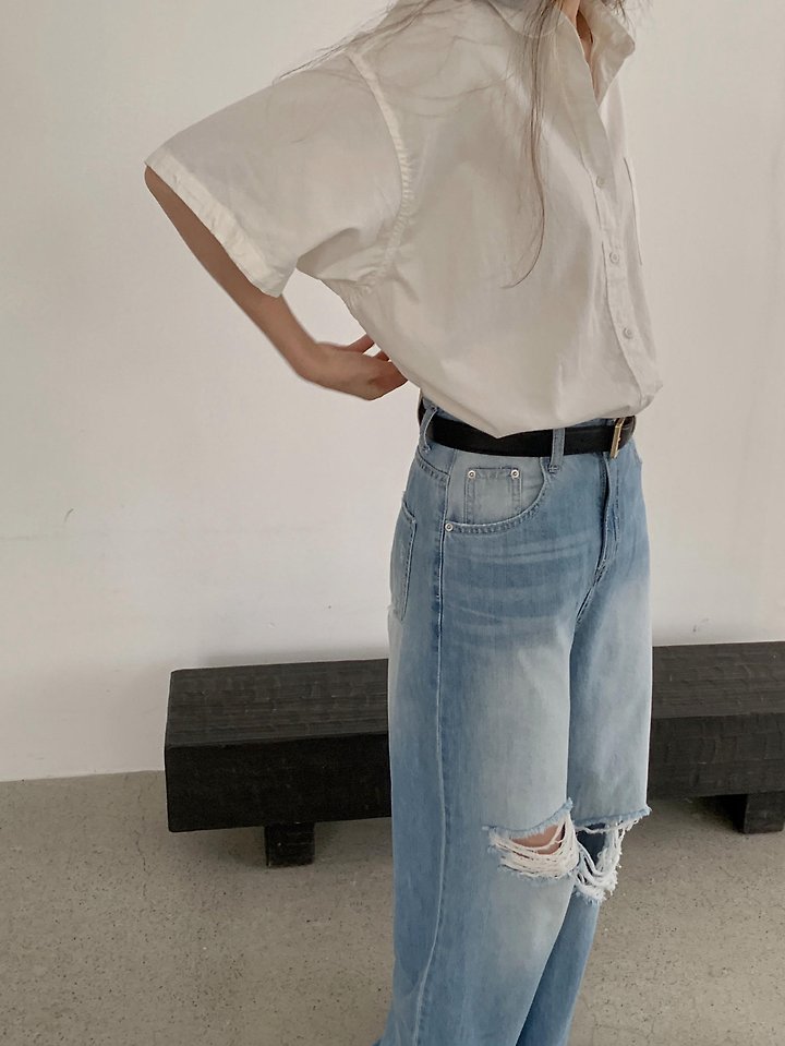 Pomelo - Korean Women Fashion - #vintagekidsstyle - Distressed Brush Denim - 6