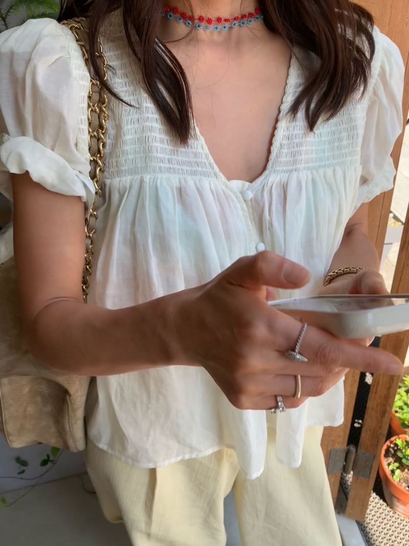 Tarabymotion - Korean Women Fashion - #momslook - V-Neck Flare Blouse - 2