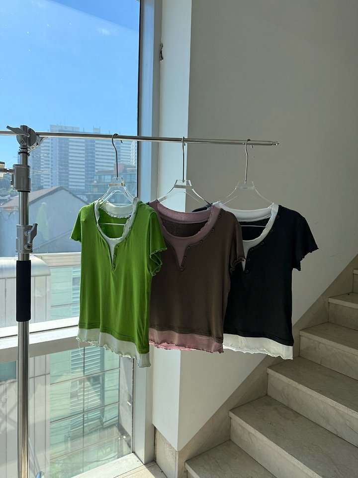 Uoov - Korean Women Fashion - #womensfashion - Button Layered Tee - 8