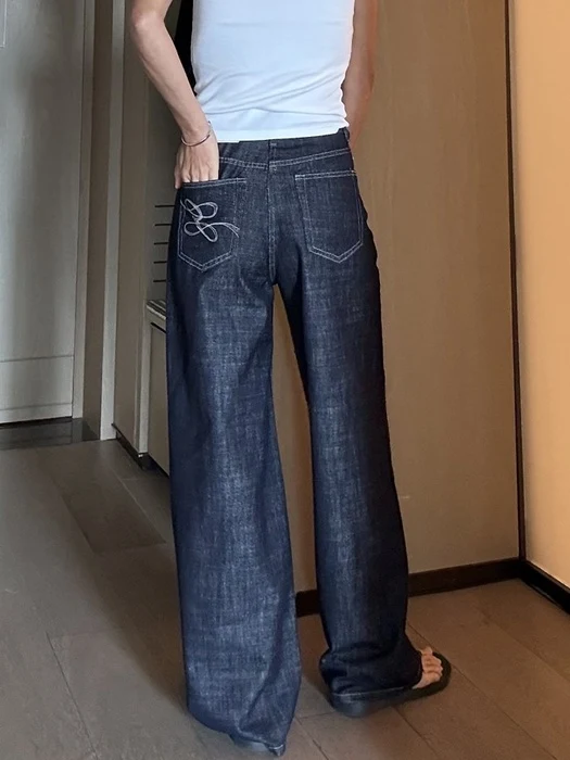 Indigo Embroidery Denim Pants