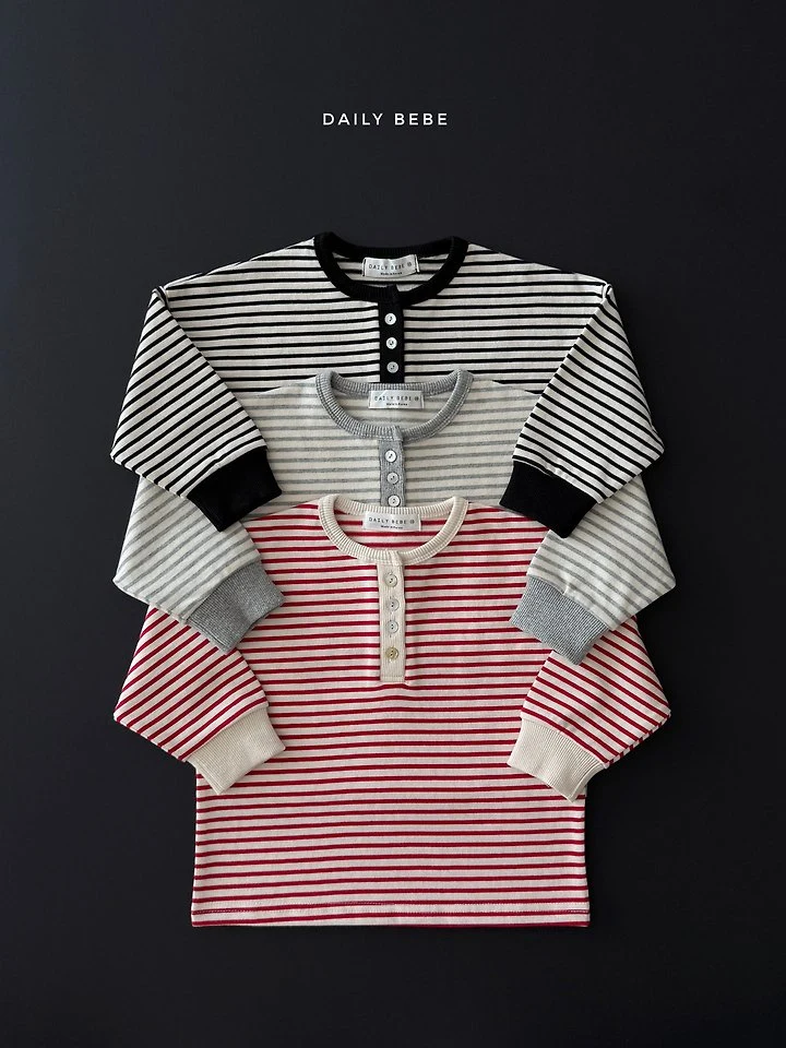 Daily Bebe - Korean Children Fashion - #kidsstore - Stripe Henley Neck Tee