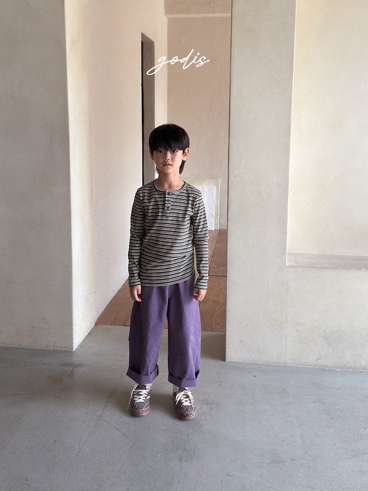 Godis - Korean Children Fashion - #toddlerclothing - Striped Rib Button Tee - 12