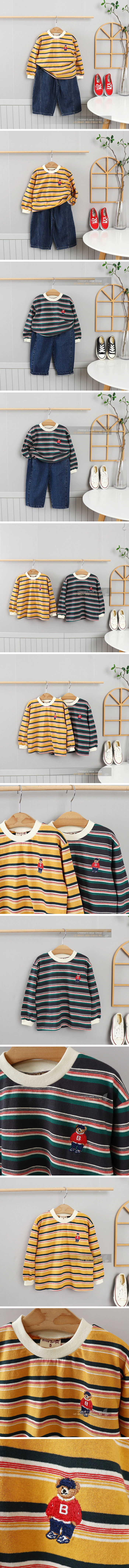 Olive denim - Korean Children Fashion - #littlefashionista - Stripe Bear Embroidery Tee