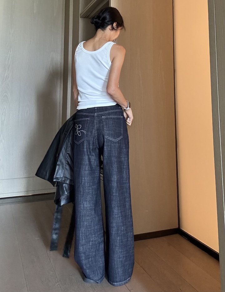 Ripple - Korean Women Fashion - #womensfashion - Indigo Embroidery Denim Pants - 4