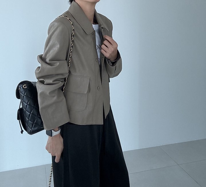 Ripple - Korean Women Fashion - #vintageinspired - Basic Collar Leather Jacket - 2