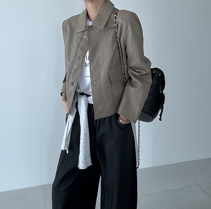 Ripple - Korean Women Fashion - #womensfashion - Basic Collar Leather Jacket