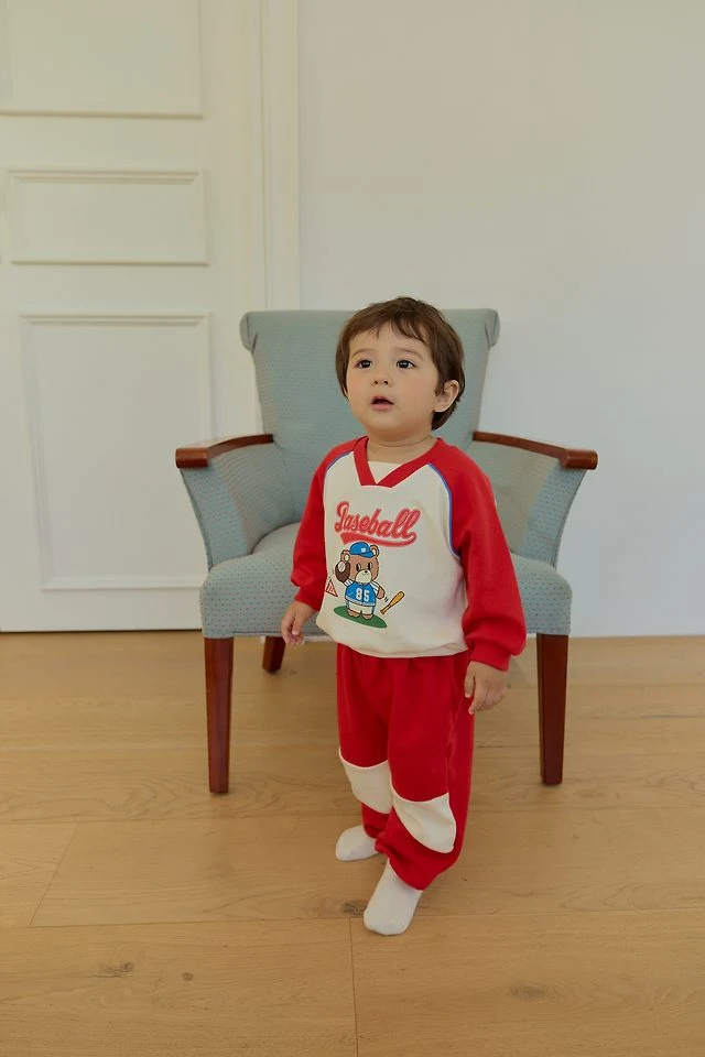 Sera - Korean Baby Fashion - #babyfever - V-Neck Baseball Top and Bottom Set - 12