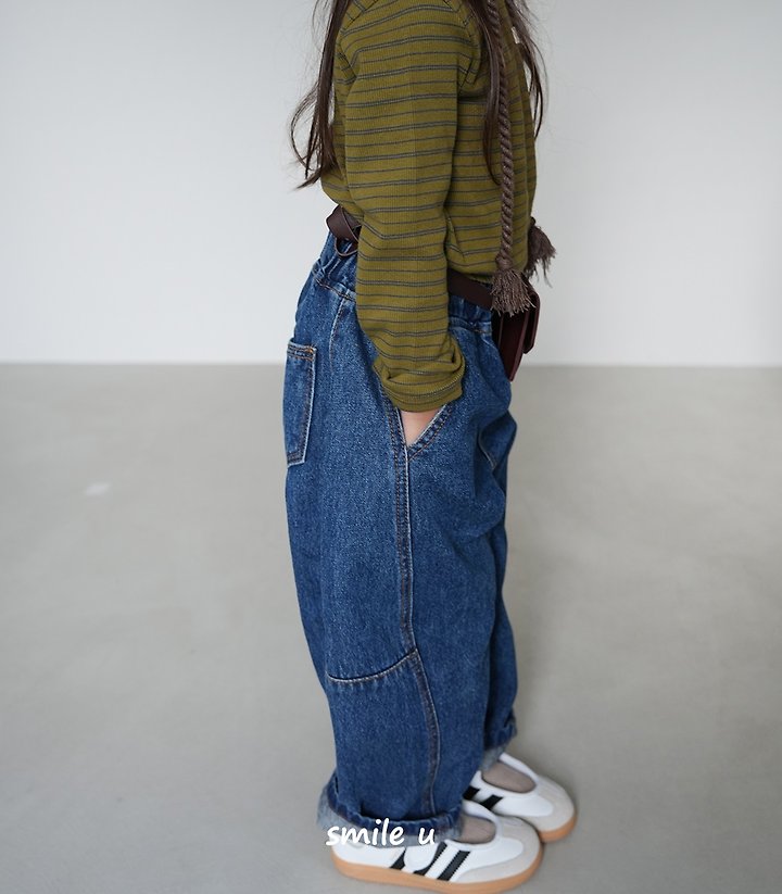 Smile U - Korean Children Fashion - #designkidswear - Curved Line Denim Pants - 7