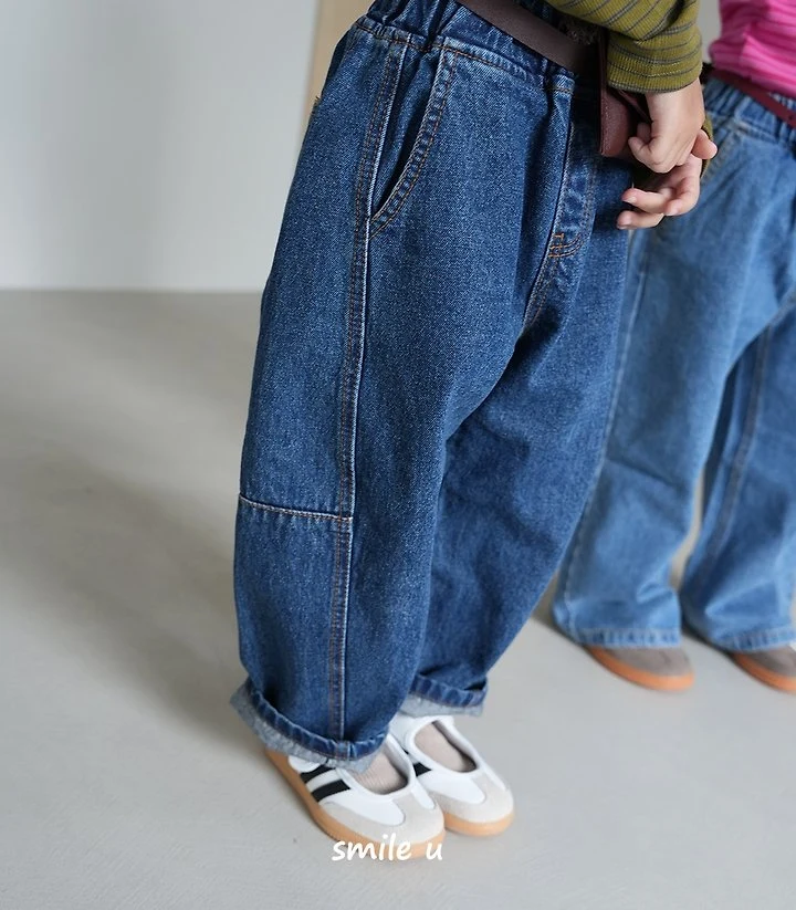 Smile U - Korean Children Fashion - #discoveringself - Curved Line Denim Pants - 8