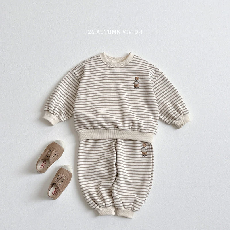 Vivid I - Korean Children Fashion - #childrensboutique - Stripe Bear Embroidered Set - 3