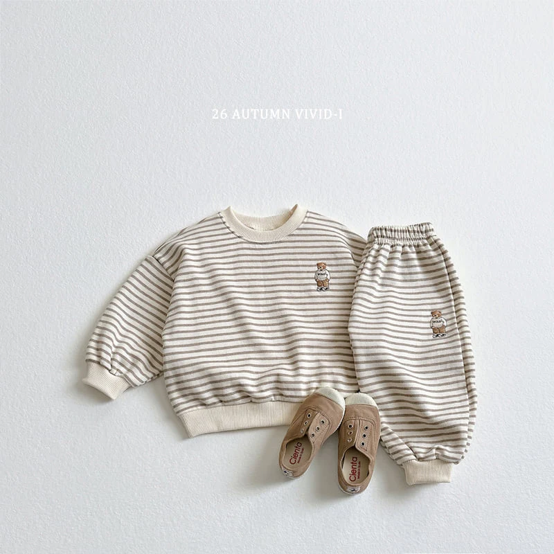 Vivid I - Korean Children Fashion - #childrensboutique - Stripe Bear Embroidered Set - 4