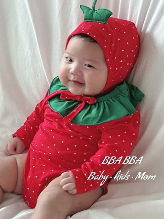 Fraise Romper (Strawberry Bonnet Set) by BBABBA for Baby - catalog view