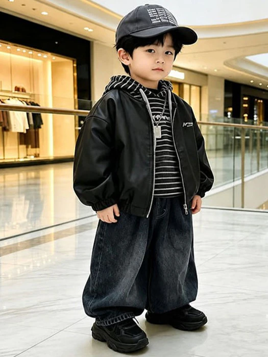 Air On Leather Jacket, Hooded Denim Pants 3-Piece Top & Bottom Set Air On Leather Jacket, Hooded Denim Pants 3-Piece Top & Bottom Set by Ante J for Child - catalog view