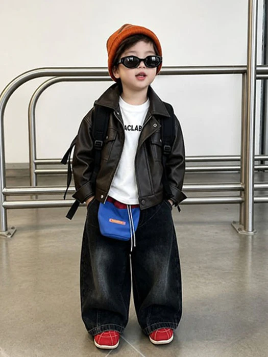 Two Pocket Leather Jacket, Tee & Denim Pants 3-Piece Top & Bottom Set Two Pocket Leather Jacket, Tee & Denim Pants 3-Piece Top & Bottom Set by Ante J for Child - catalog view