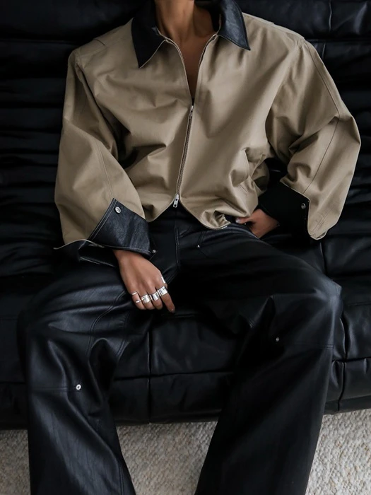 leather collar bi color cotton blouson leather collar bi color cotton blouson by Paper Moon for Women - catalog view