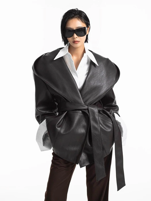 Oversized Belted Hooded Leather Half Coat Oversized Belted Hooded Leather Half Coat by Paper Moon for Women - catalog view