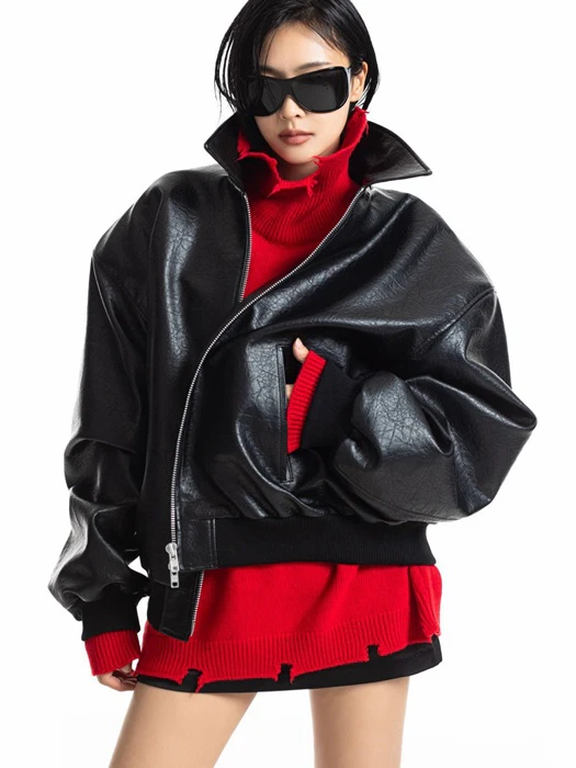 Classic Oversized Leather Bomber Jacket Classic Oversized Leather Bomber Jacket by Paper Moon for Women - catalog view